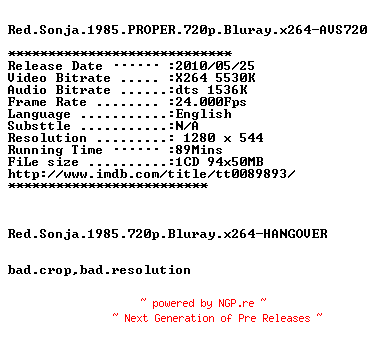 NFO for the release Red.Sonja.1985.PROPER.720p.Bluray.x264-AVS720 by AVS720