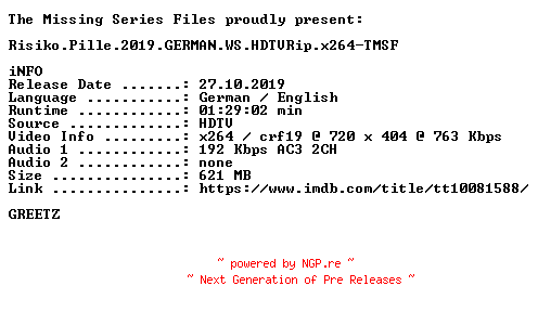 NFO for the release Risiko.Pille.2019.GERMAN.WS.HDTVRip.x264-TMSF by TMSF