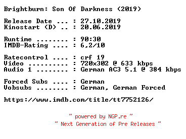 NFO for the release Brightburn.Son.Of.Darkness.German.2019.AC3.BDRip.x264-COiNCiDENCE by COiNCiDENCE
