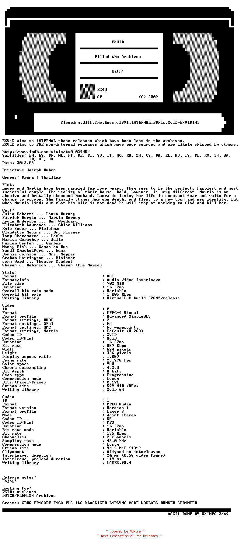 NFO for the release Sleeping.With.The.Enemy.1991.iNTERNAL.BDRip.XviD-EXViDiNT by EXViDiNT
