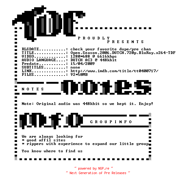 NFO for the release Open.Season.2006.DUTCH.720p.BluRay.x264-TDF by TDF