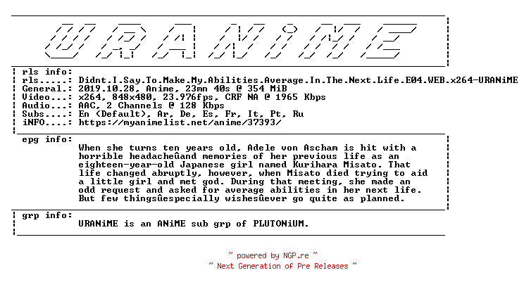 NFO for the release Didnt.I.Say.To.Make.My.Abilities.Average.In.The.Next.Life.E04.WEB.x264-URANiME by URANiME