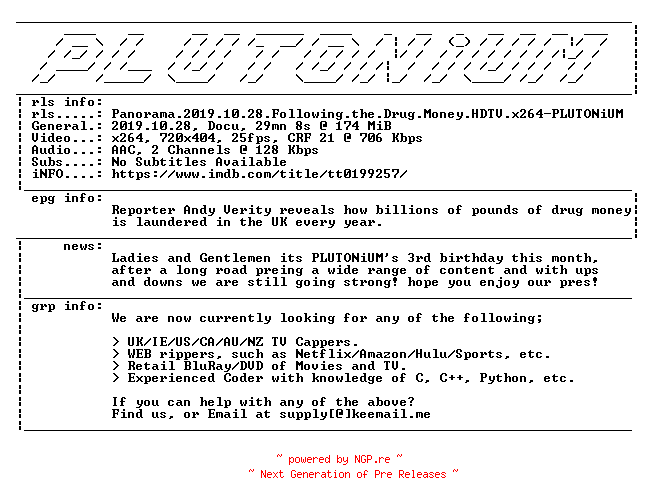 NFO for the release Panorama.2019.10.28.Following.the.Drug.Money.HDTV.x264-PLUTONiUM by PLUTONiUM