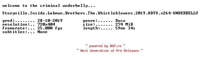 NFO for the release Storyville.Inside.Lehman.Brothers.The.Whistleblowers.2019.HDTV.x264-UNDERBELLY by UNDERBELLY