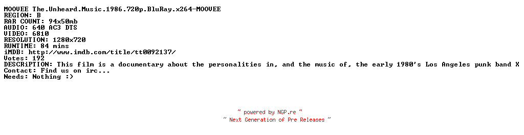 NFO for the release The.Unheard.Music.1986.720p.BluRay.x264-MOOVEE by MOOVEE