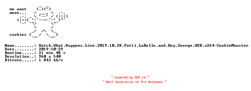 NFO for the release Watch.What.Happens.Live.2019.10.28.Patti.LaBelle.and.Boy.George.WEB.x264-CookieMonster by CookieMonster