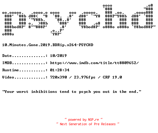 NFO for the release 10.Minutes.Gone.2019.BDRip.x264-PSYCHD by PSYCHD