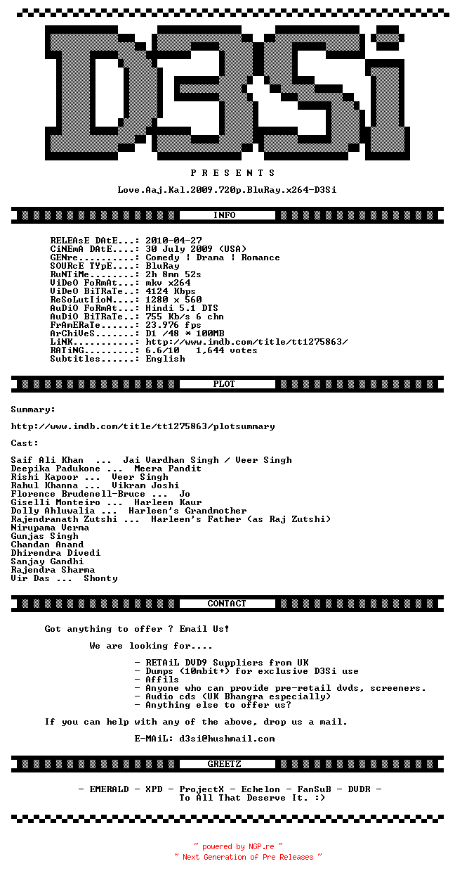 NFO for the release Love.Aaj.Kal.2009.720p.BluRay.x264-D3Si by D3Si