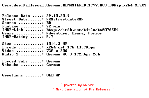 NFO for the release Orca.der.Killerwal.German.REMASTERED.1977.AC3.BDRip.x264-SPiCY by SPiCY