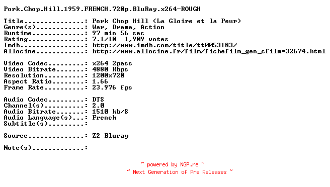NFO for the release Pork.Chop.Hill.1959.FRENCH.720p.BluRay.x264-ROUGH by ROUGH