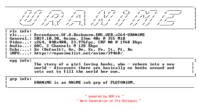 NFO for the release Ascendance.Of.A.Bookworm.E05.WEB.x264-URANiME by URANiME