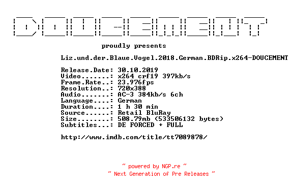 NFO for the release Liz.und.der.Blaue.Vogel.2018.German.BDRip.x264-DOUCEMENT by DOUCEMENT