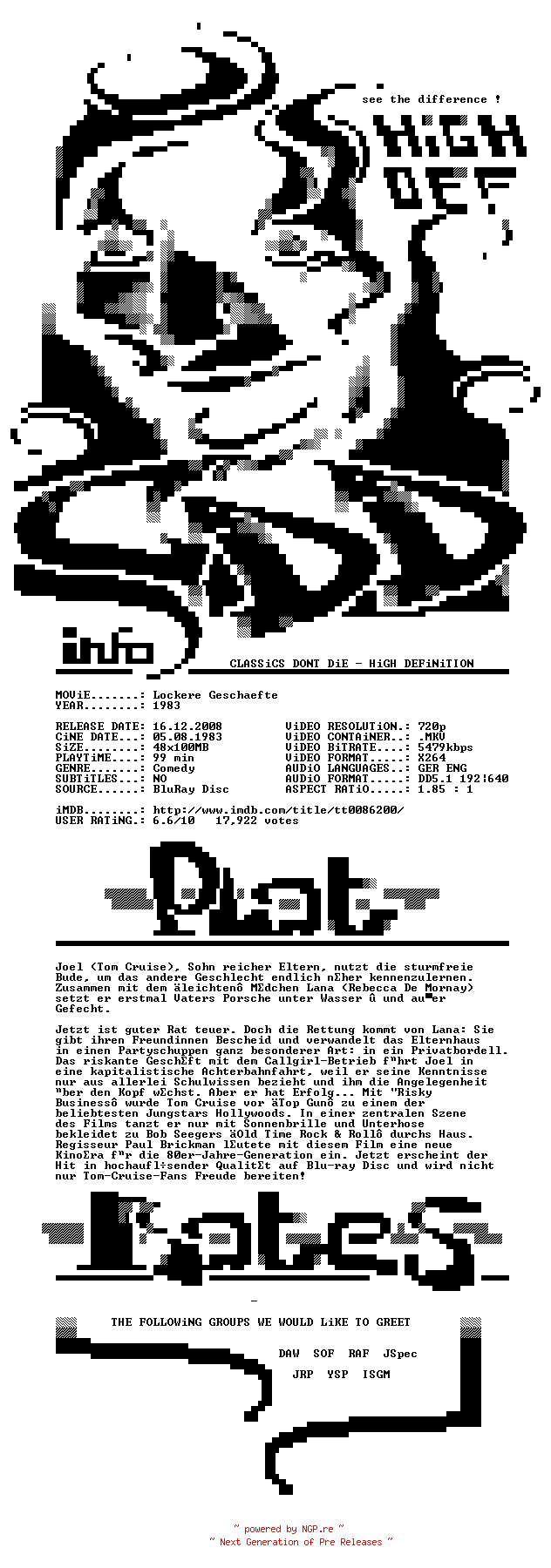 NFO for the release Lockere.Geschaefte.1983.German.DL.720p.BluRay.x264-CDD by CDD