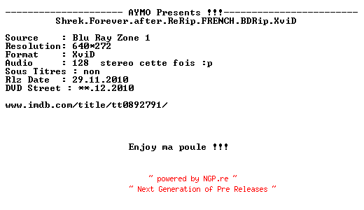 NFO for the release Shrek.Forever.after.ReRip.FRENCH.BDRip.XviD-AYMO by AYMO
