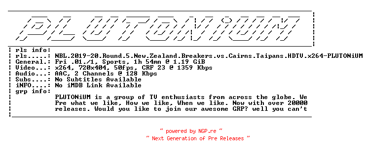 NFO for the release NBL.2019-20.Round.5.New.Zealand.Breakers.vs.Cairns.Taipans.HDTV.x264-PLUTONiUM by PLUTONiUM