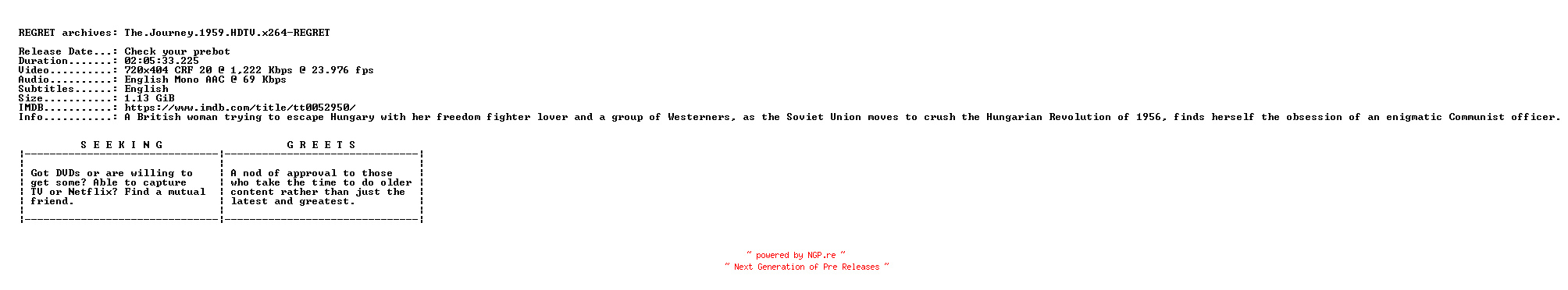 NFO for the release The.Journey.1959.HDTV.x264-REGRET by REGRET