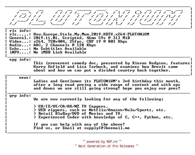 NFO for the release How.Europe.Stole.My.Mum.2019.HDTV.x264-PLUTONiUM by PLUTONiUM