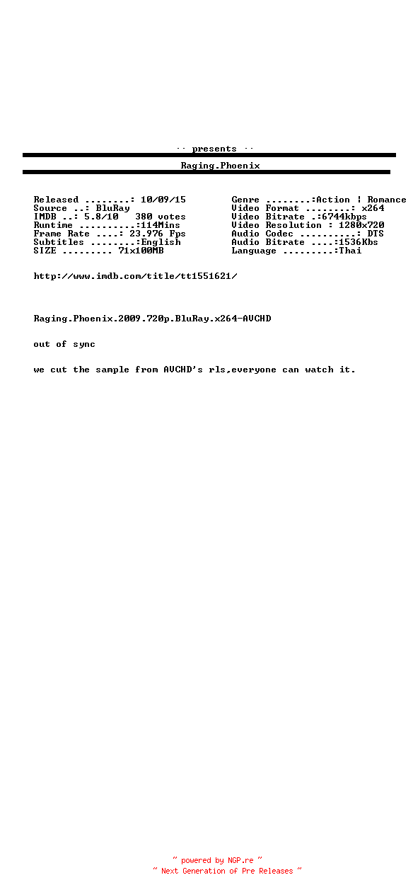 NFO for the release Raging.Phoenix.2009.PROPER.READNFO.PROOF.720p.BluRay.x264-aBD by aBD