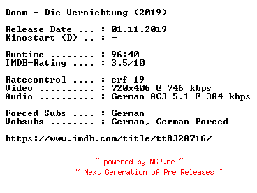 NFO for the release Doom.Die.Vernichtung.German.2019.AC3.BDRip.x264-COiNCiDENCE by COiNCiDENCE