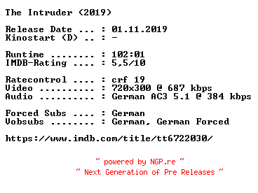 NFO for the release The.Intruder.German.2019.AC3.BDRip.x264-COiNCiDENCE by COiNCiDENCE
