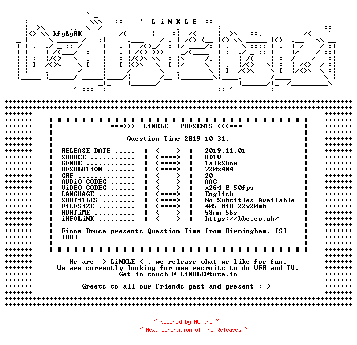 NFO for the release Question.Time.2019.10.31.HDTV.x264-LiNKLE by LiNKLE