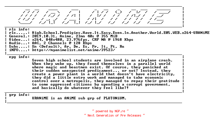 NFO for the release High.School.Prodigies.Have.It.Easy.Even.In.Another.World.E05.WEB.x264-URANiME by URANiME