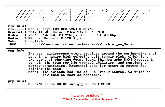NFO for the release Stars.Align.E04.WEB.x264-URANiME by URANiME