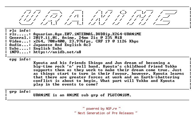NFO for the release Aquarian.Age.E07.iNTERNAL.DVDRip.X264-URANiME by URANiME