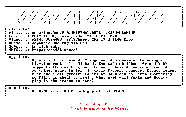 NFO for the release Aquarian.Age.E10.iNTERNAL.DVDRip.X264-URANiME by URANiME