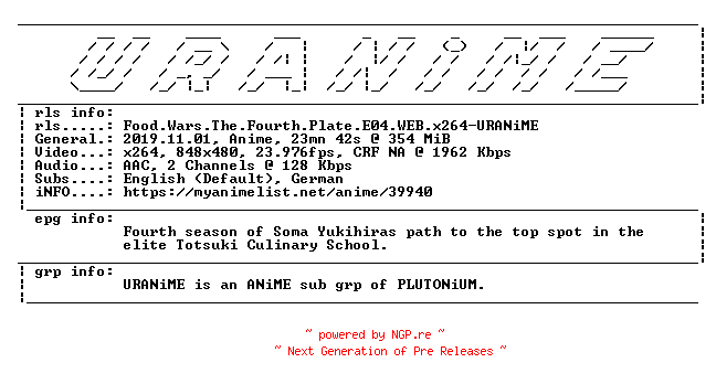 NFO for the release Food.Wars.The.Fourth.Plate.E04.WEB.x264-URANiME by URANiME