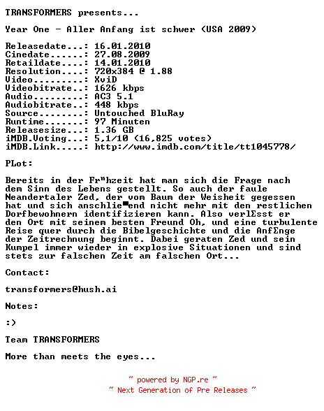 NFO for the release Year.One.Aller.Anfang.ist.schwer.Unrated.German.AC3.BDRip.XviD-TRANSFORMERS by TRANSFORMERS