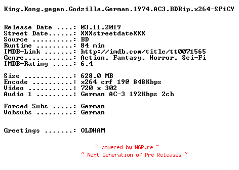 NFO for the release King.Kong.gegen.Godzilla.German.1974.AC3.BDRip.x264-SPiCY by SPiCY