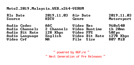 NFO for the release Moto2.2019.Malaysia.WEB.x264-VERUM by VERUM