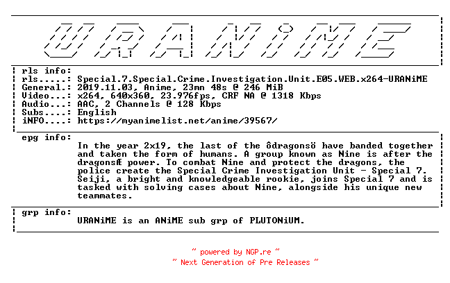 NFO for the release Special.7.Special.Crime.Investigation.Unit.E05.WEB.x264-URANiME by URANiME