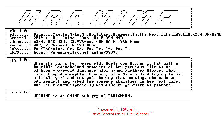 NFO for the release Didnt.I.Say.To.Make.My.Abilities.Average.In.The.Next.Life.E05.WEB.x264-URANiME by URANiME