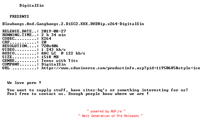 NFO for the release Blowbangs.And.Gangbangs.2.DiSC2.XXX.DVDRip.x264-DigitalSin by DigitalSin