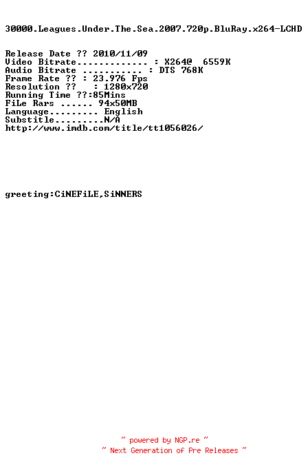 NFO for the release 30000.Leagues.Under.The.Sea.2007.720p.BluRay.x264-LCHD by LCHD