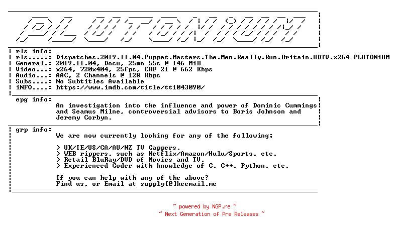 NFO for the release Dispatches.2019.11.04.Puppet.Masters.The.Men.Really.Run.Britain.HDTV.x264-PLUTONiUM by PLUTONiUM