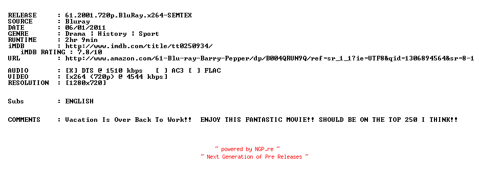 NFO for the release 61.2001.720p.BluRay.x264-SEMTEX by SEMTEX