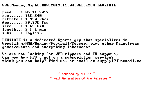 NFO for the release WWE.Monday.Night.RAW.2019.11.04.WEB.x264-LEViTATE by LEViTATE