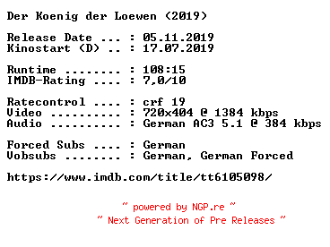 NFO for the release Der.Koenig.der.Loewen.German.2019.AC3.BDRip.x264-COiNCiDENCE by COiNCiDENCE