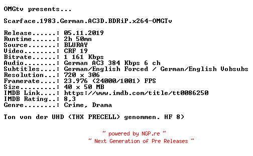 NFO for the release Scarface.1983.German.AC3D.BDRiP.x264-OMGTv by OMGTv