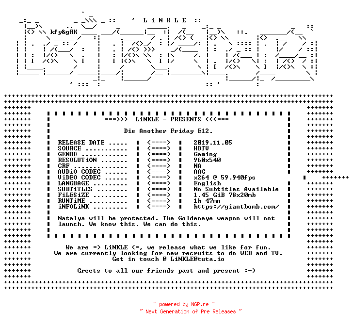 NFO for the release Die.Another.Friday.E12.WEB.x264-LiNKLE by LiNKLE