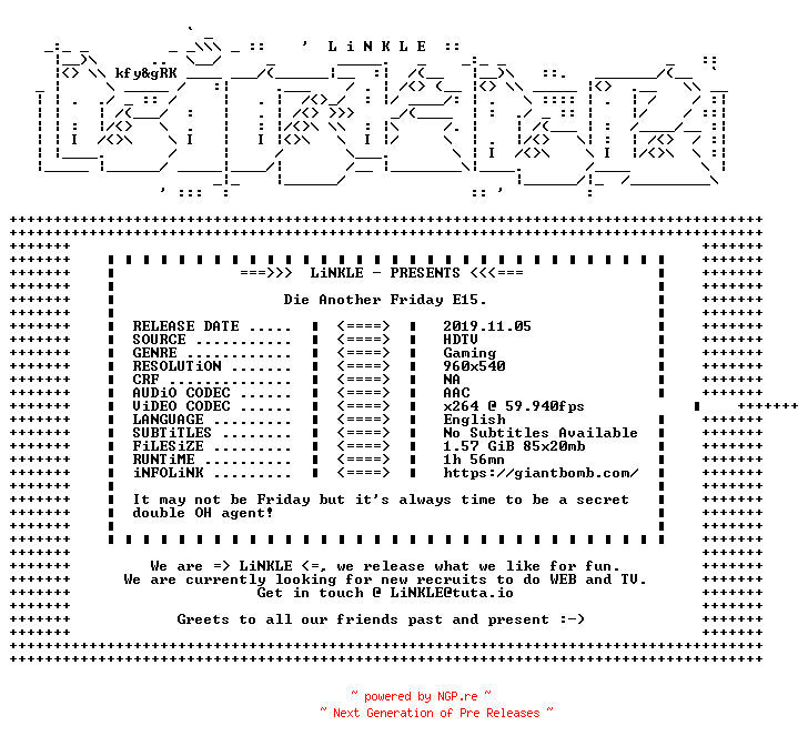 NFO for the release Die.Another.Friday.E15.WEB.x264-LiNKLE by LiNKLE