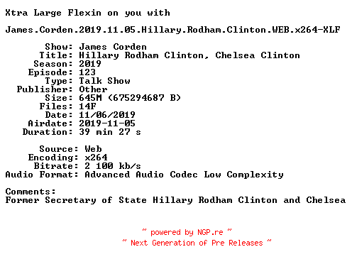 NFO for the release James.Corden.2019.11.05.Hillary.Rodham.Clinton.WEB.x264-XLF by XLF