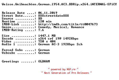 NFO for the release Weisse.Weihnachten.German.1954.AC3.BDRip.x264.iNTERNAL-SPiCY by SPiCY