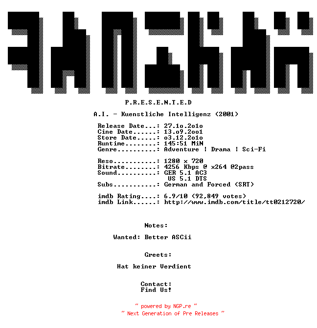 NFO for the release A.I..Kuenstliche.Intelligenz.2001.German.DL.720p.BluRay.x264-ANCIENT by ANCIENT