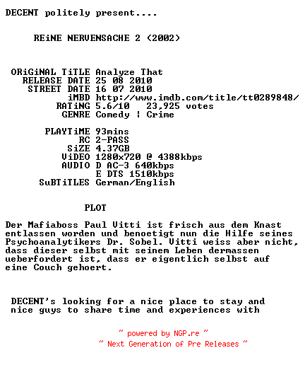 NFO for the release Reine.Nervensache.2.2002.German.DL.720p.BluRay.x264-DECENT by DECENT