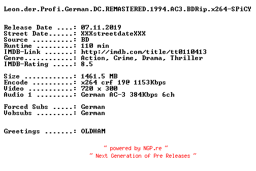 NFO for the release Leon.der.Profi.German.DC.REMASTERED.1994.AC3.BDRip.x264-SPiCY by SPiCY