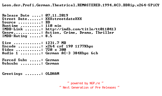 NFO for the release Leon.der.Profi.German.Theatrical.REMASTERED.1994.AC3.BDRip.x264-SPiCY by SPiCY